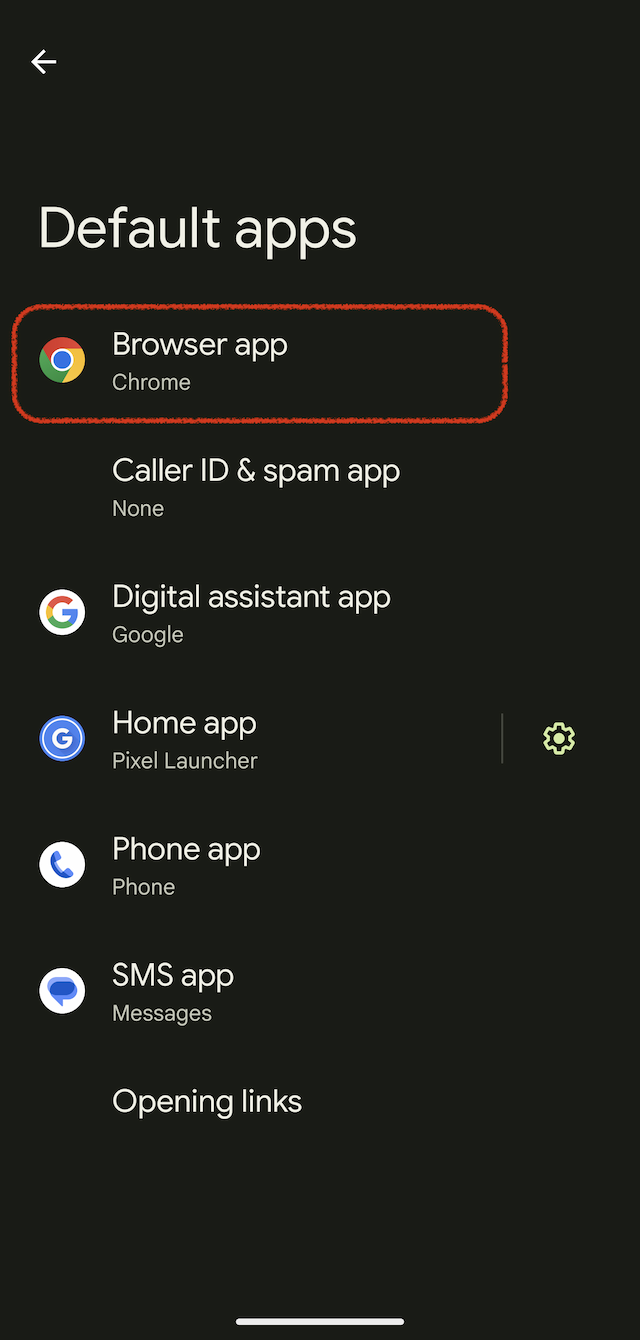 Settings page with default applications